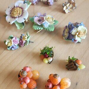 Vintage jewelery, porcelain flower brooches, earings, fruit cluster glass 8 pces